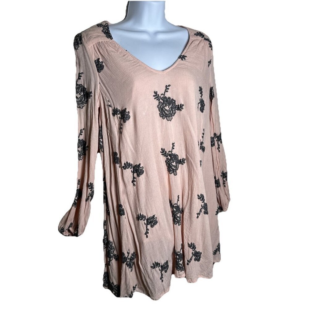 Free People Small Pink Grey Floral Embroidered Boho Austin Swing Mini Dress Boho - Picture 4 of 9